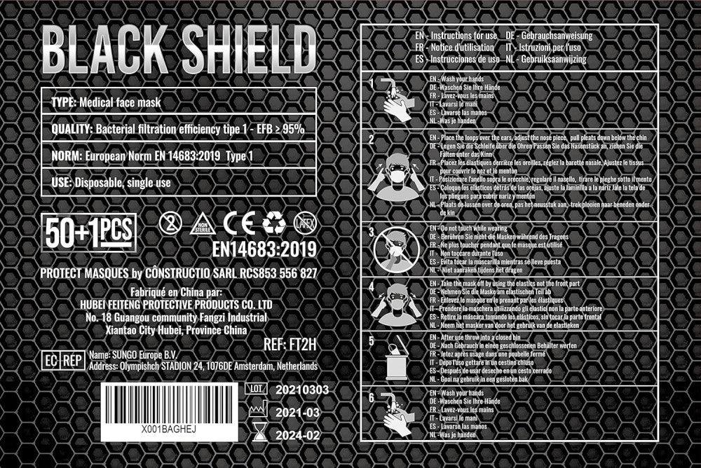 50 darabos Black Shield Antibakteriális Egyszer Használatos Orvosi Arcmaszk, Fekete - Outlet24