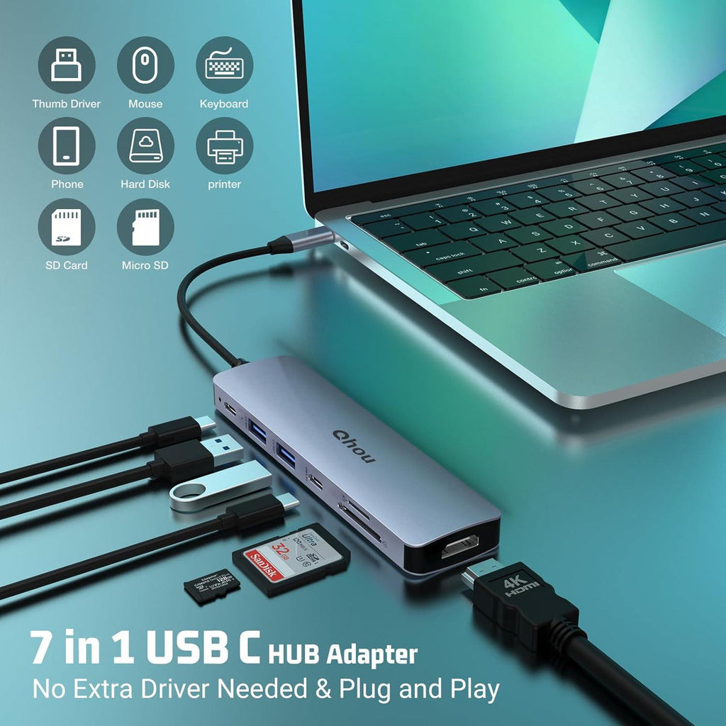 Qhou 7 az 1-ben Type C Adapter 4K HDMI, USB 3.0, SD/TF Olvasó, 100W PD - Outlet24