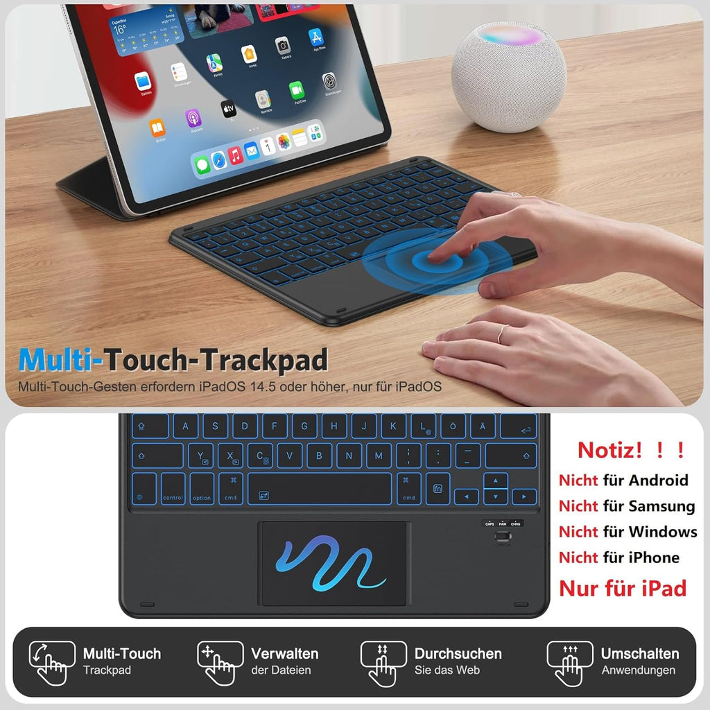 Emetok 7 színű háttérvilágítású német QWERTZ Bluetooth billentyűzet trackpaddal iPad-hez - Image 4
