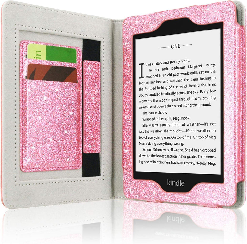 Kindle Paperwhite PU Bőr Tok, Kártyatartóval, Glitter Rózsaszín - Outlet24