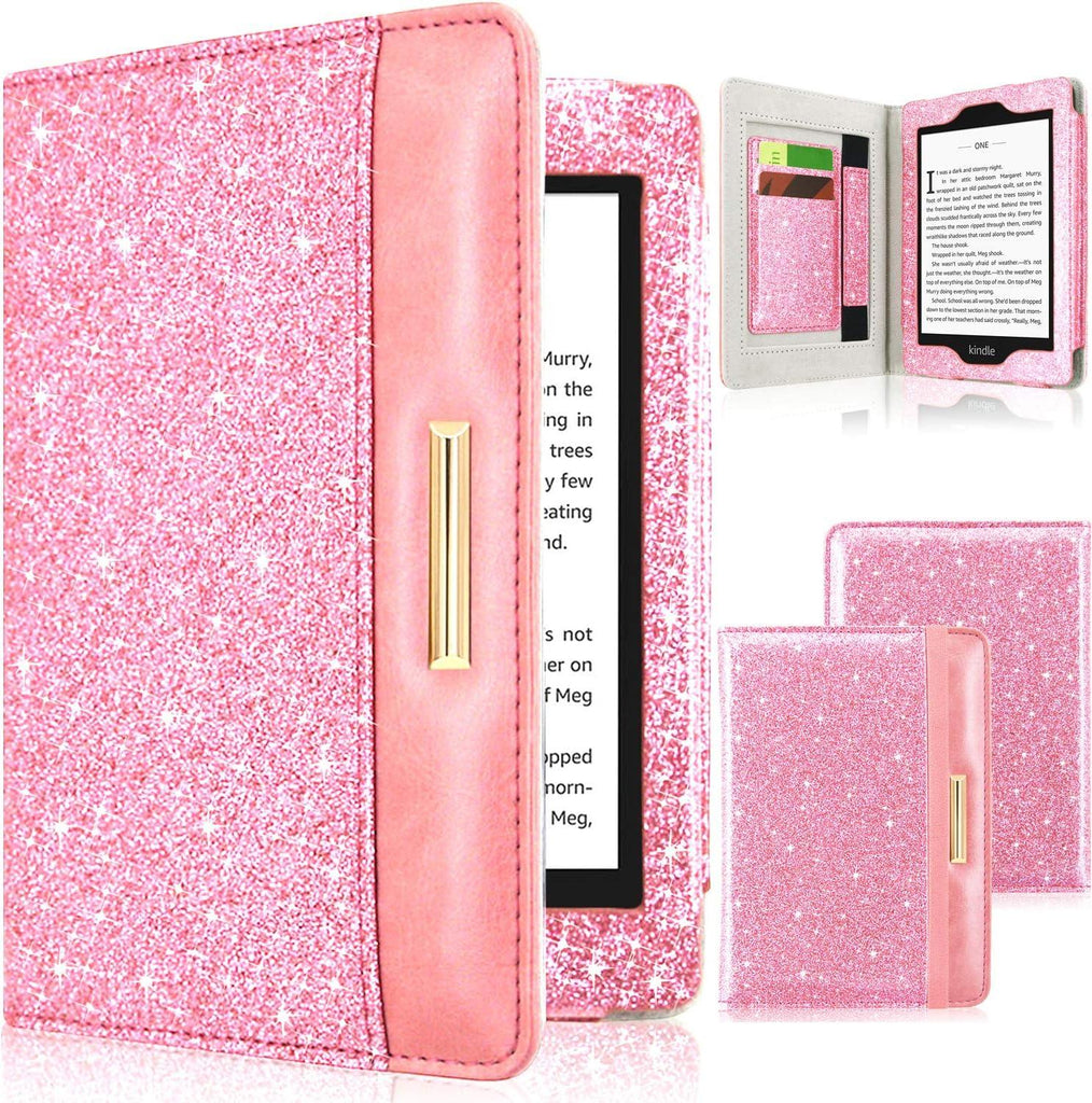 Kindle Paperwhite PU Bőr Tok, Kártyatartóval, Glitter Rózsaszín - Outlet24