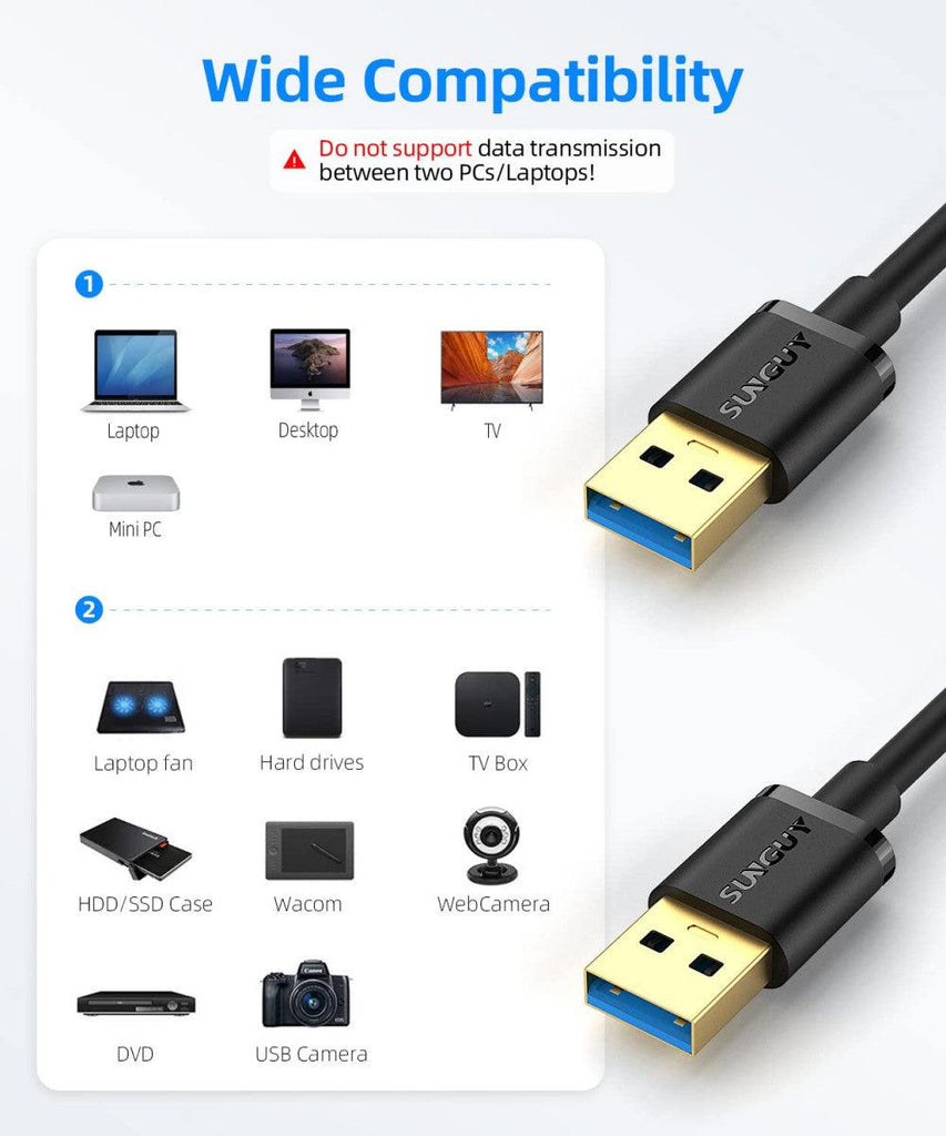 SUNGUY USB 3.0 Kábel, A Típusú csatlakozóval, 5Gbps Super Speed, HDD, DVD, Nyomtatóhoz és Laptopokhoz - Outlet24