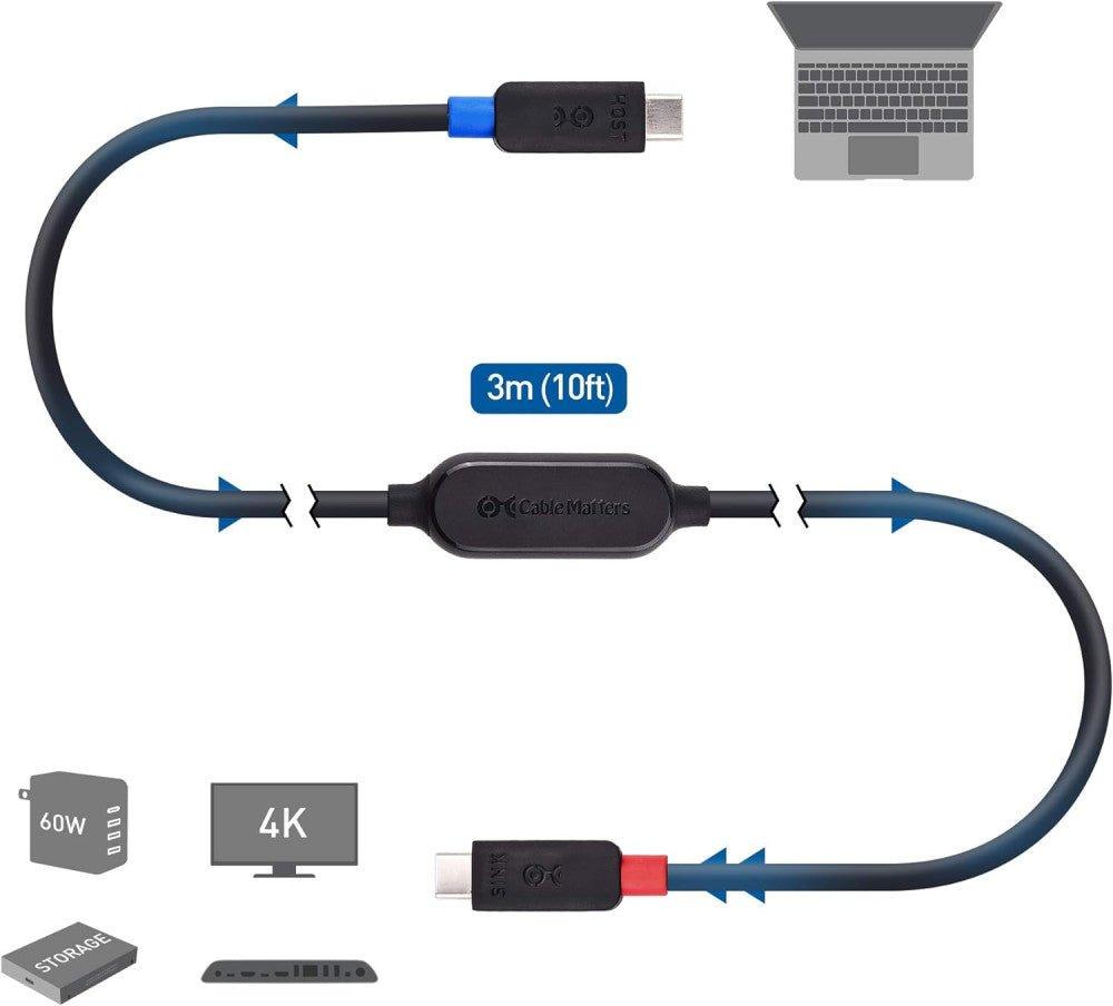 Cable Matters Aktív USB C Kábel 3m 4K Videó, 10Gbps Adatátvitel és 60W Töltés Újracsomagolt termék - Outlet24