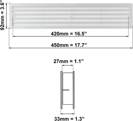 Fehér Szellőzőrács 450 x 92 mm Ajtórács Kipufogórács ABS Műanyag, Négyzet Alakú - Outlet24