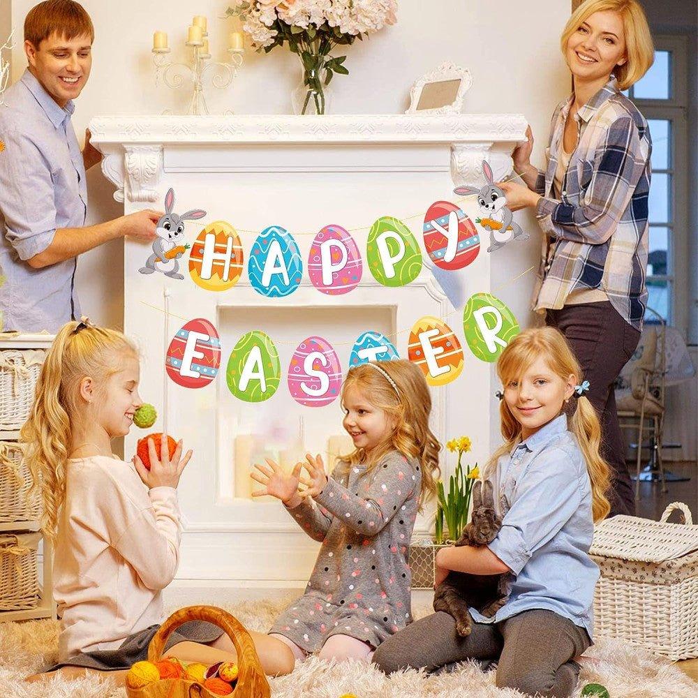 Húsvéti dekorációs készlet "Happy Easter" felirattal, papírszalagos füzér, aranyos húsvéti nyúl díszítőkészlet - Outlet24