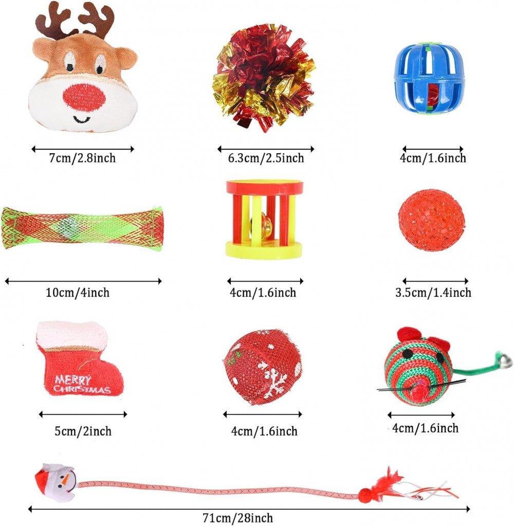 Karácsonyi Macskajáték Készlet, Interaktív Játékok Rúddal, Labdákkal és Plüss Egerekkel 10 db-os - Outlet24